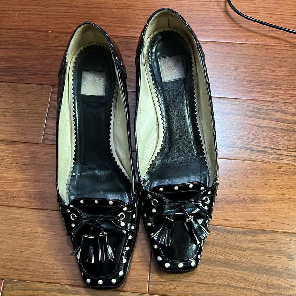 Coach Black & white patent leather polka dot Jude Tassel Kitten Heel Pumps